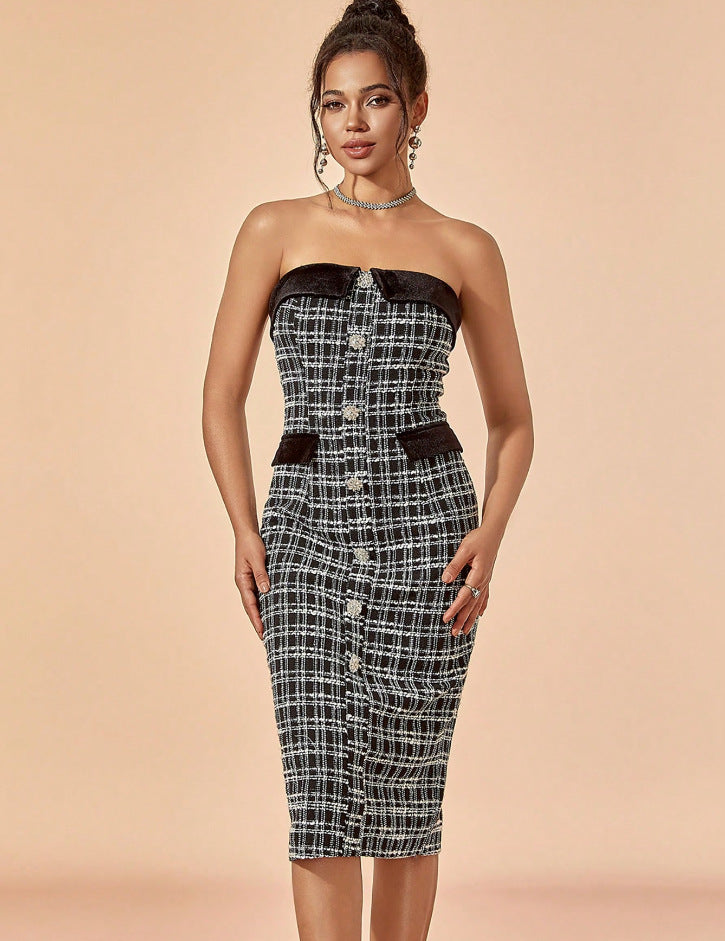 Women Strapless plaid button Career Bodycon elegant Maxi Dress