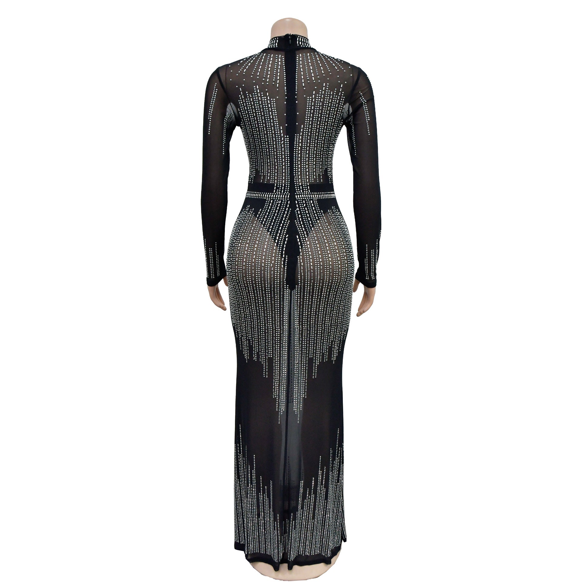 Fashion Women's Solid Color Mesh Beaded Long Sleeve Maxi Dress 11