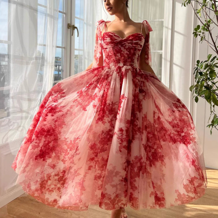 Women sexy rope suspender floral dress