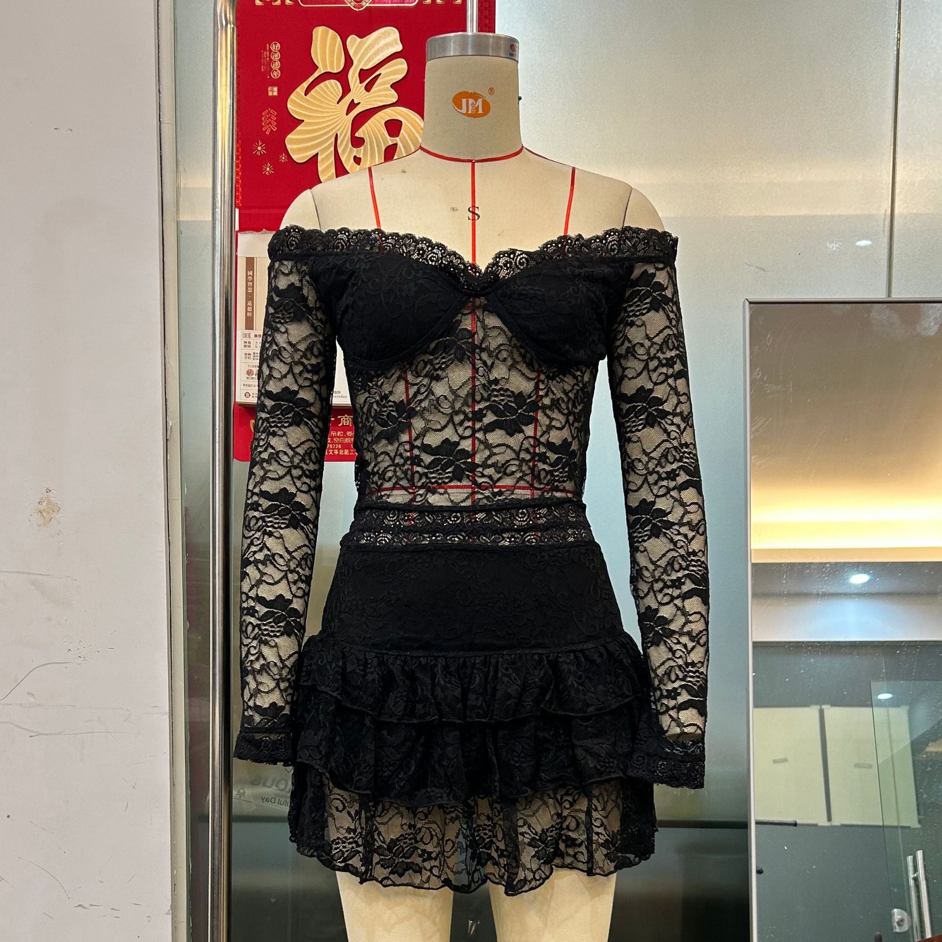 Women's Mesh Lace Trim Sexy Long Sleeve Top with Tiered Mini Skirt Two-Piece Set 10