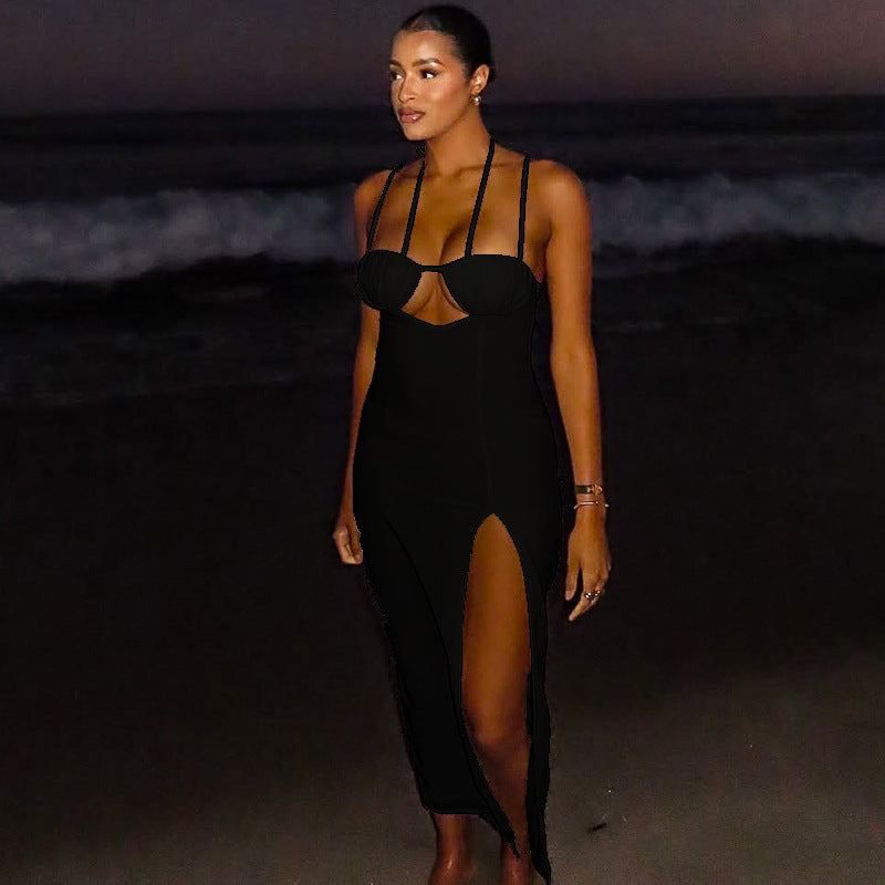 Women's Trendy Low Back Halter Neck Solid Color Hollow Slit Irregular Long Dress 7