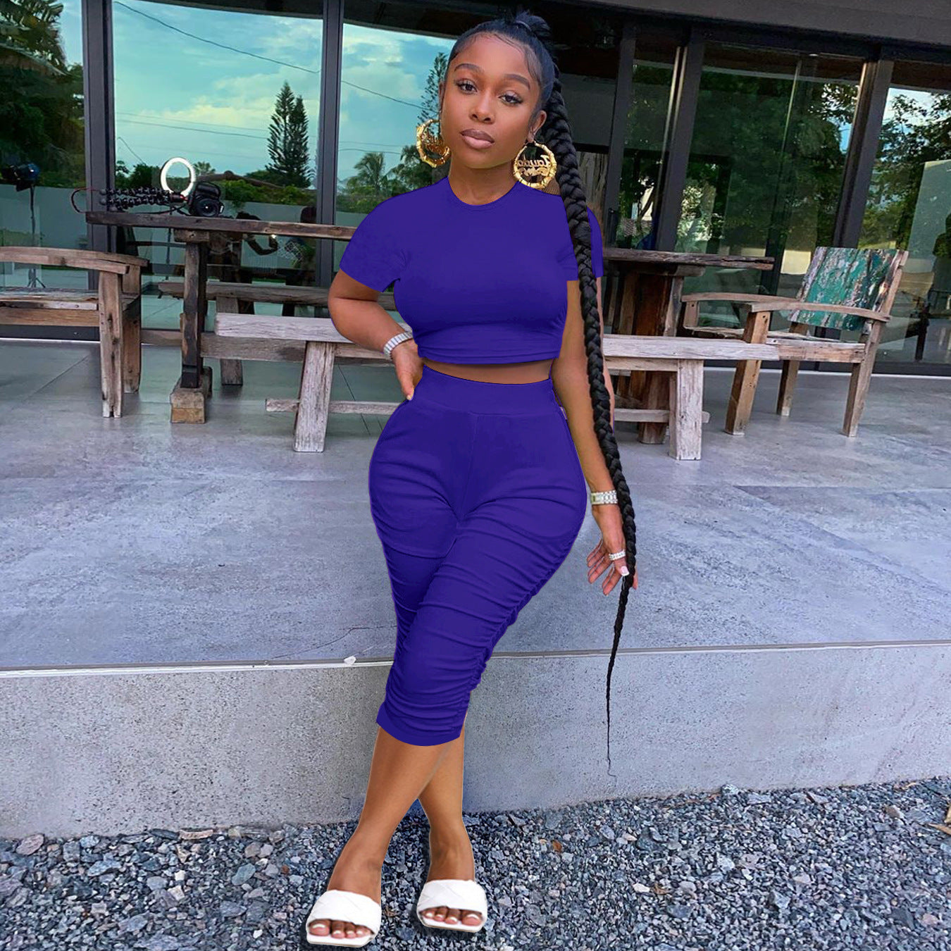 Summer Women's Solid Color Tight Fitting Cropped Short Sleeve T-Shirt Women's Pleated Two Piece Set 8