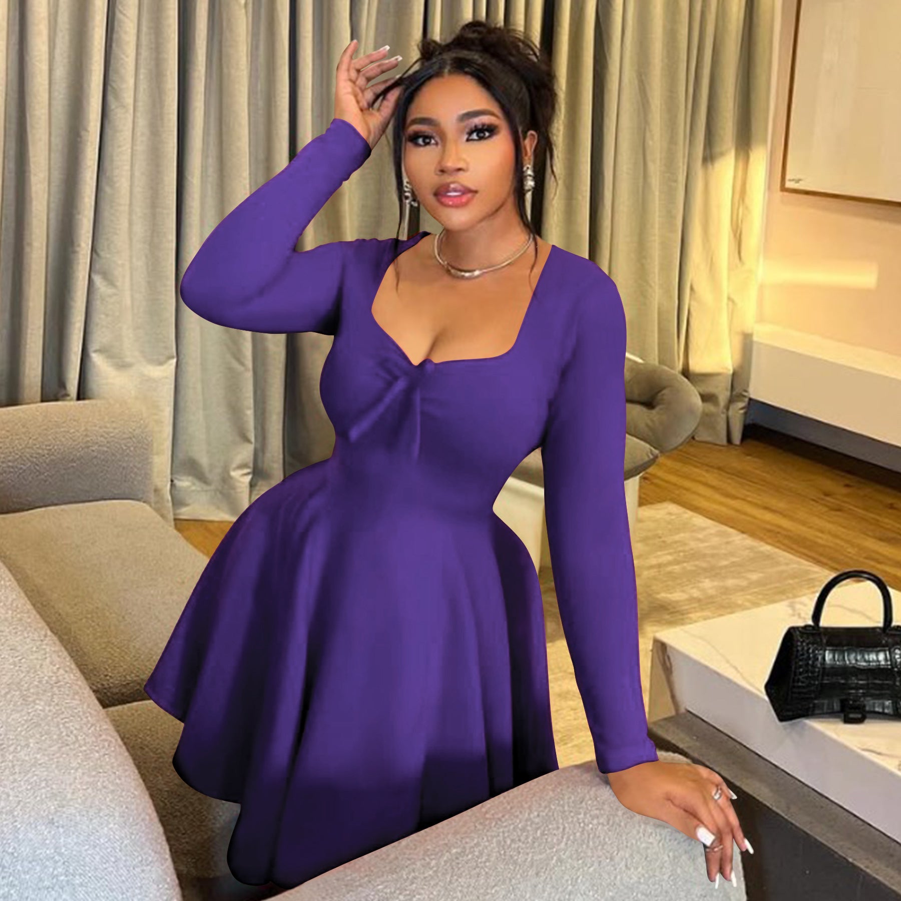 Summer Plus Size Women's Sexy Slim Waist Long Sleeve Dress 4