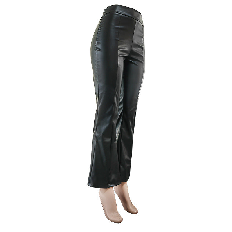 Women autumn black Pu-Leather Bell Bottom trousers 7