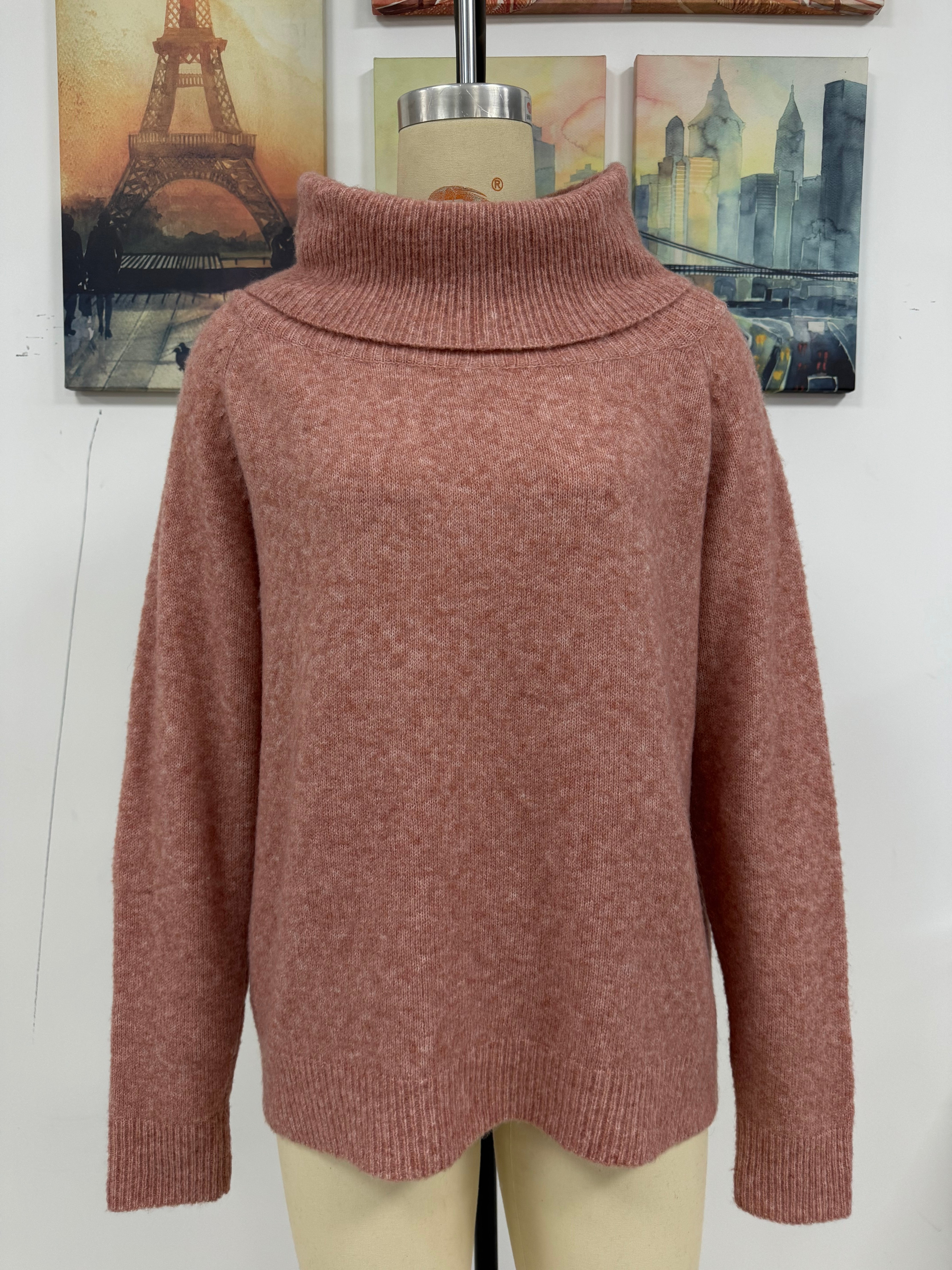 Women Autumn Winter Stacked Collar Solid Color Off Shoulder Loose Sexy Knitting Shirt Long Sleeve Sweater 10