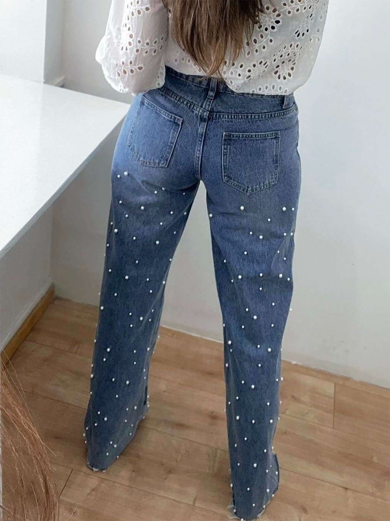 Women's Denim Beaded Furry Edge High Stretch Straight Leg Pants 3