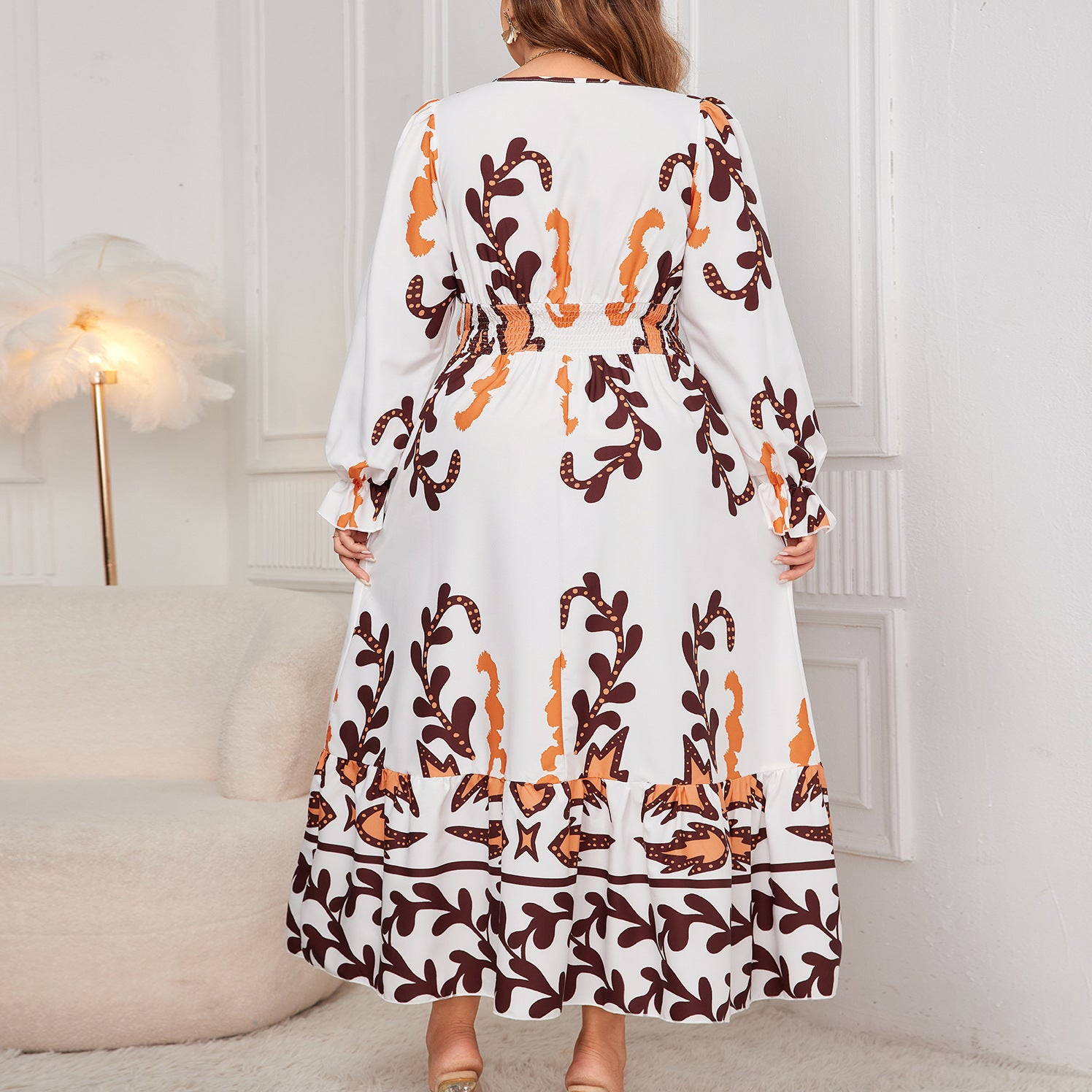 Plus Size Women Printed Long Sleeve V-neck Long Dress 5
