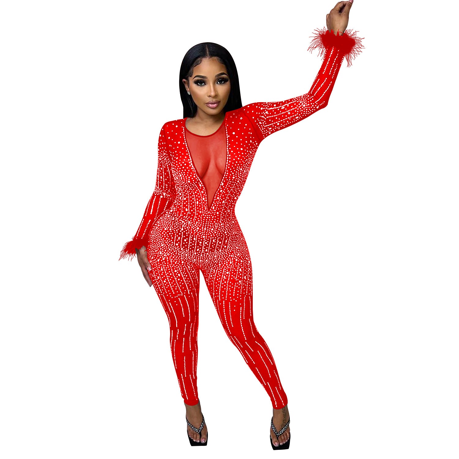 Fashion Women's Mesh Beaded V-Neck Long Sleeve Feather Long Library Jumpsuit 11