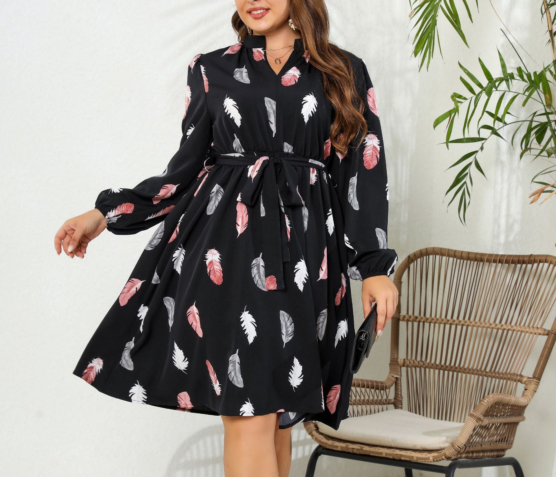 Autumn Long Sleeve Print Women Elegant Plus Size Dress 3