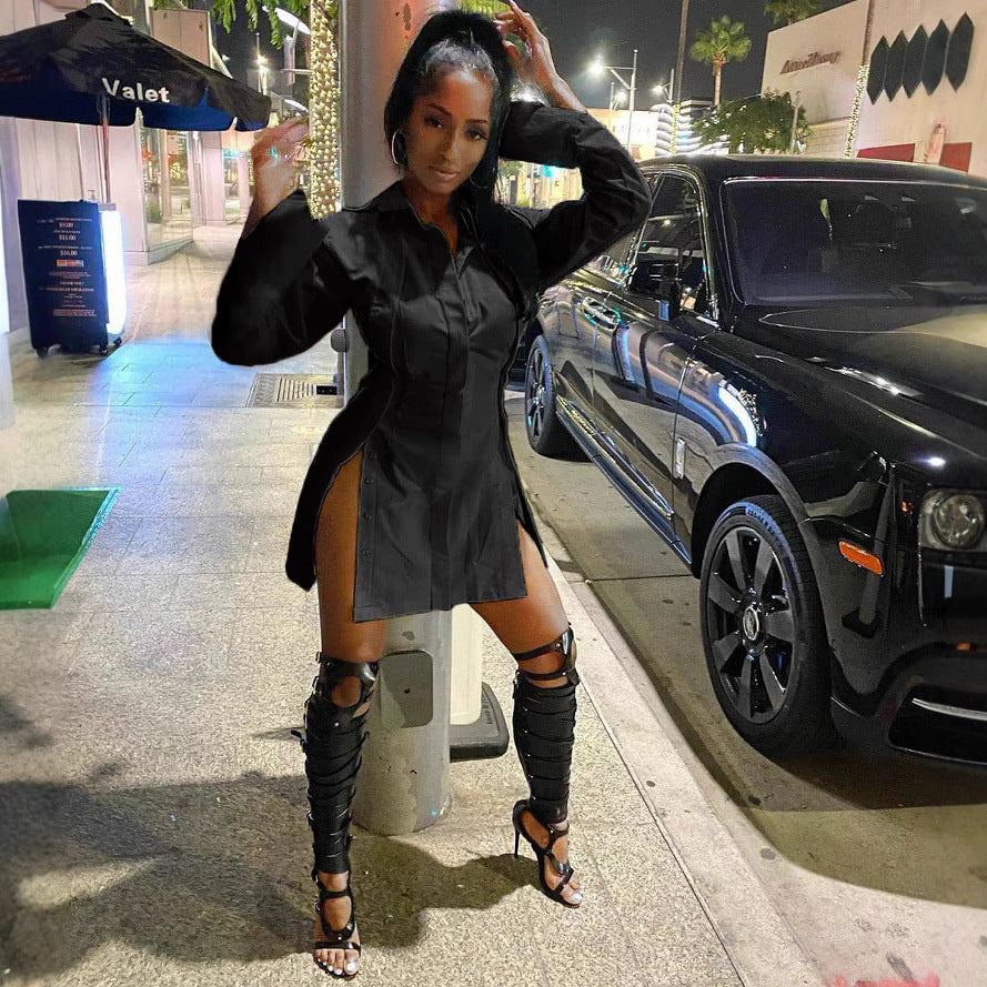 Women's Solid Color Single-Breasted Slit Long Sleeves Shirt Dress 8