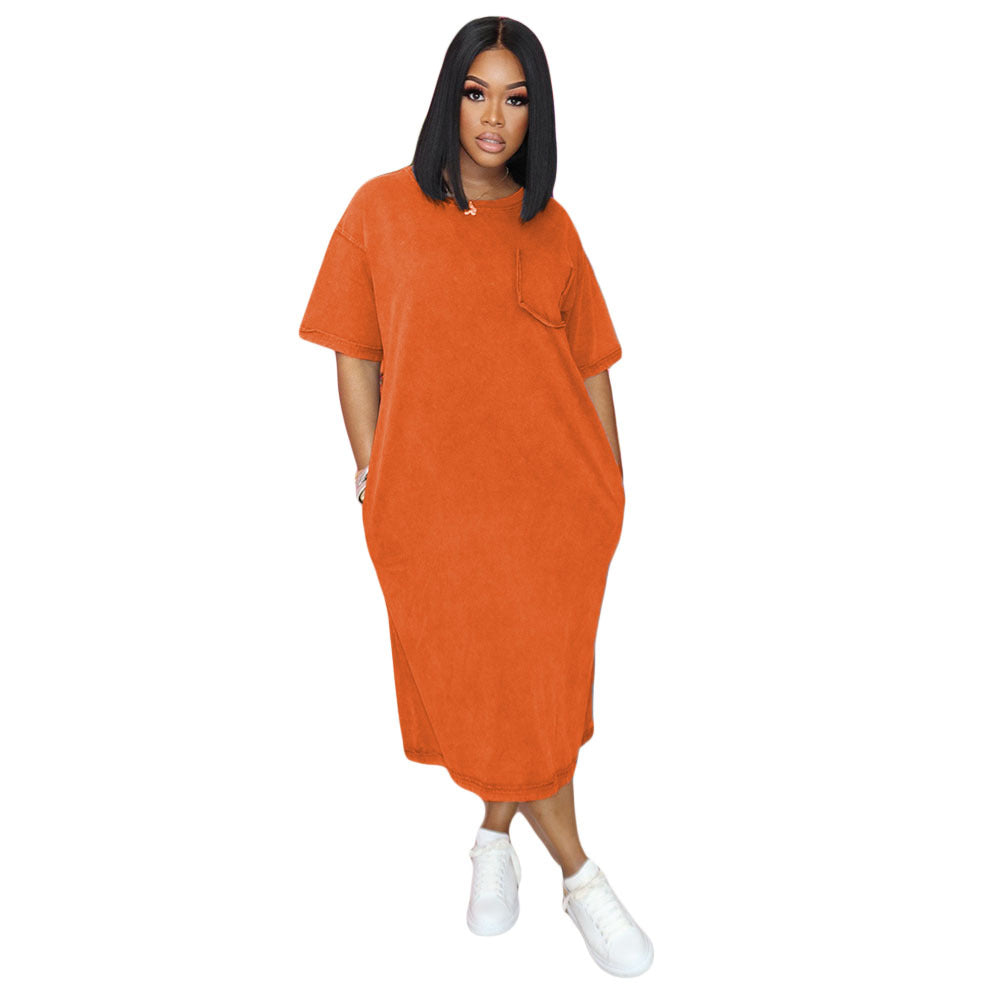 Women's Fashion Pocket Loose Solid Color Short Sleeve Dress 6