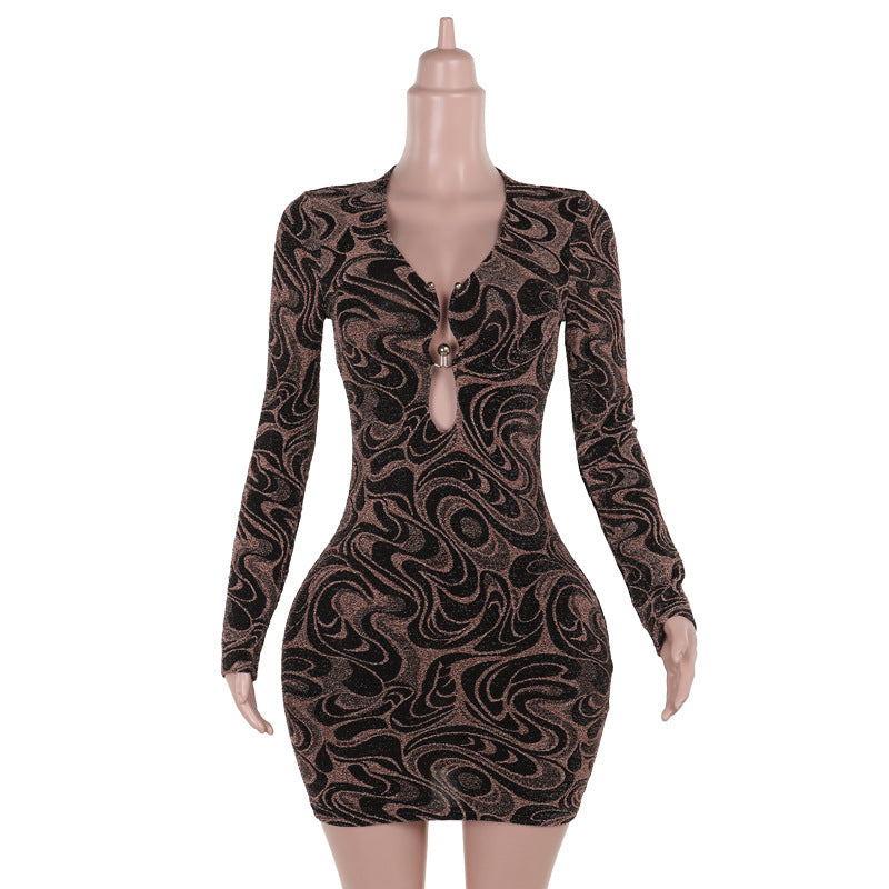 Sexy Deep V Neck Print Hollow Long Sleeve Women Slim Short Dress 7