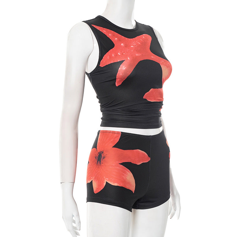 Women's Casual Starfish Print Round Neck Sleeveless Crop Top & Shorts Set 8
