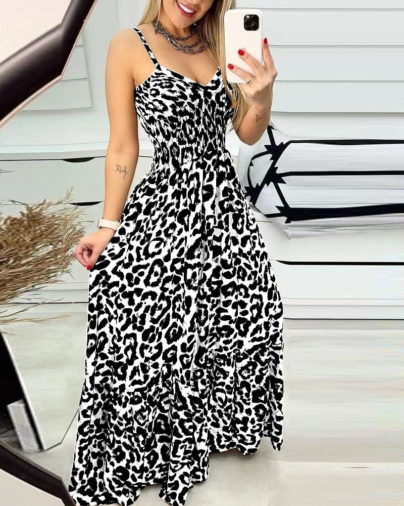 Summer Leopard Print V Neck Dress High Waist Sexy Chic Fashion Long Dress 14