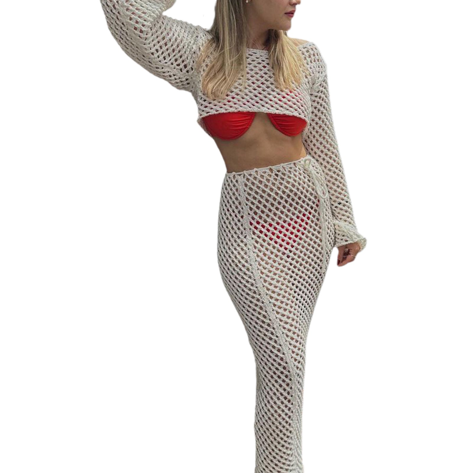 Sexy Women's Long-Sleeved Knitting Shirt High-Waisted Long Skirt Two Piece Set 9