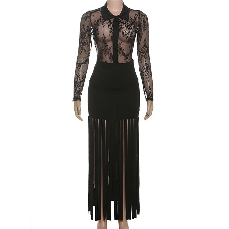 Women autumn sexy mesh see-through top and long skirt two-piece set 5