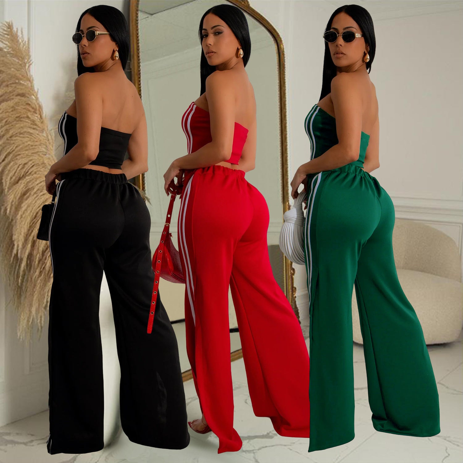 Women Summer Sexy Strapless Top and Two-Piece Pants Set 10