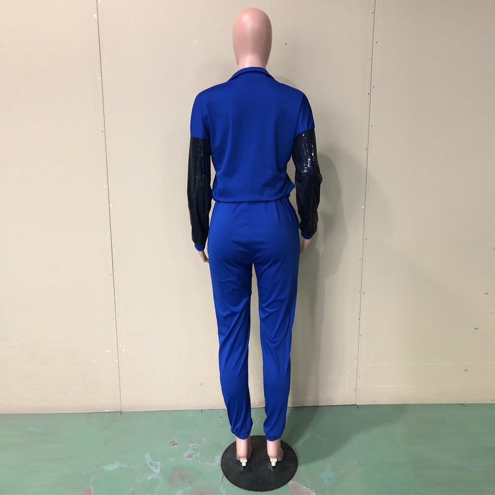 Women Sequin Colorblock Long Sleeve Top and Pant Two Piece Set 5