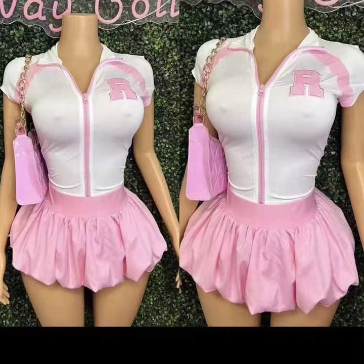 American Style Zipper Short Sleeve T-Shirt Women's Chic Pure Sexy Skirt Set