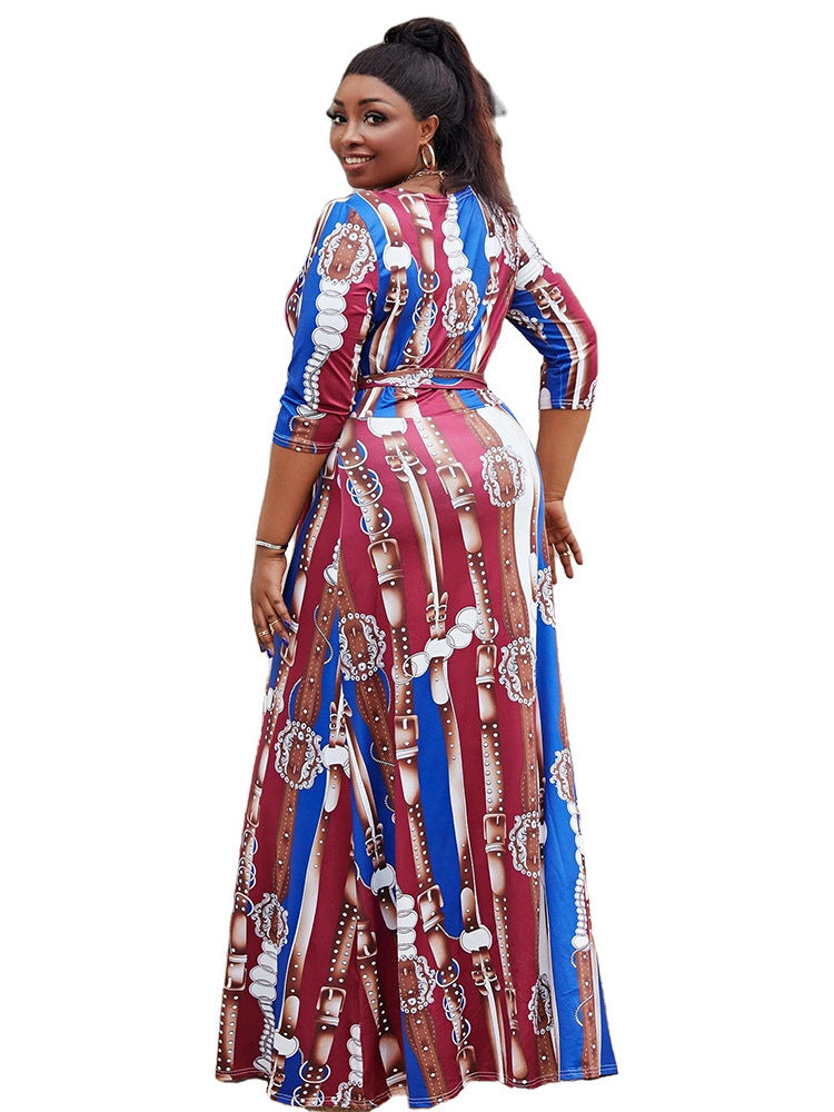 Plus Size Women Sexy V-Neck Half-Sleeve Striped Casual Dress 6