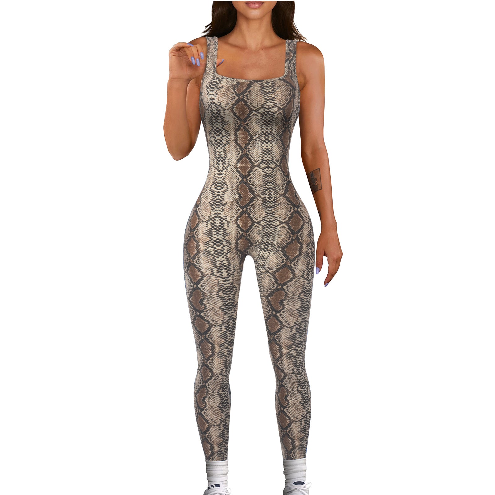 Women's Printed Sleeveless Ribbed Square Neck Low Back Slim Fit Jumpsuit 9
