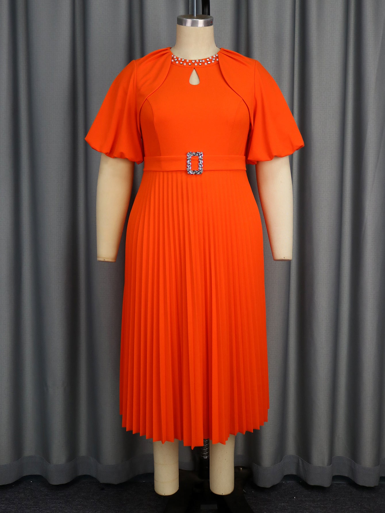 Bright Orange Puff-Sleeve Dress Fashionable Solid Color Party & Career Pleated Dress 4
