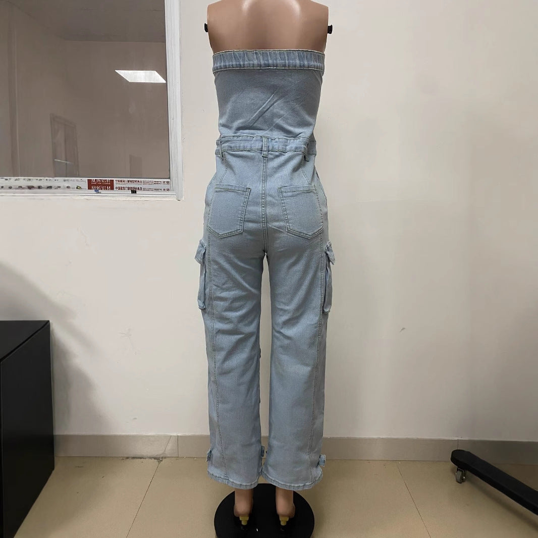 Women's Strapless with Big Pocket Washed Denim Jumpsuit 4