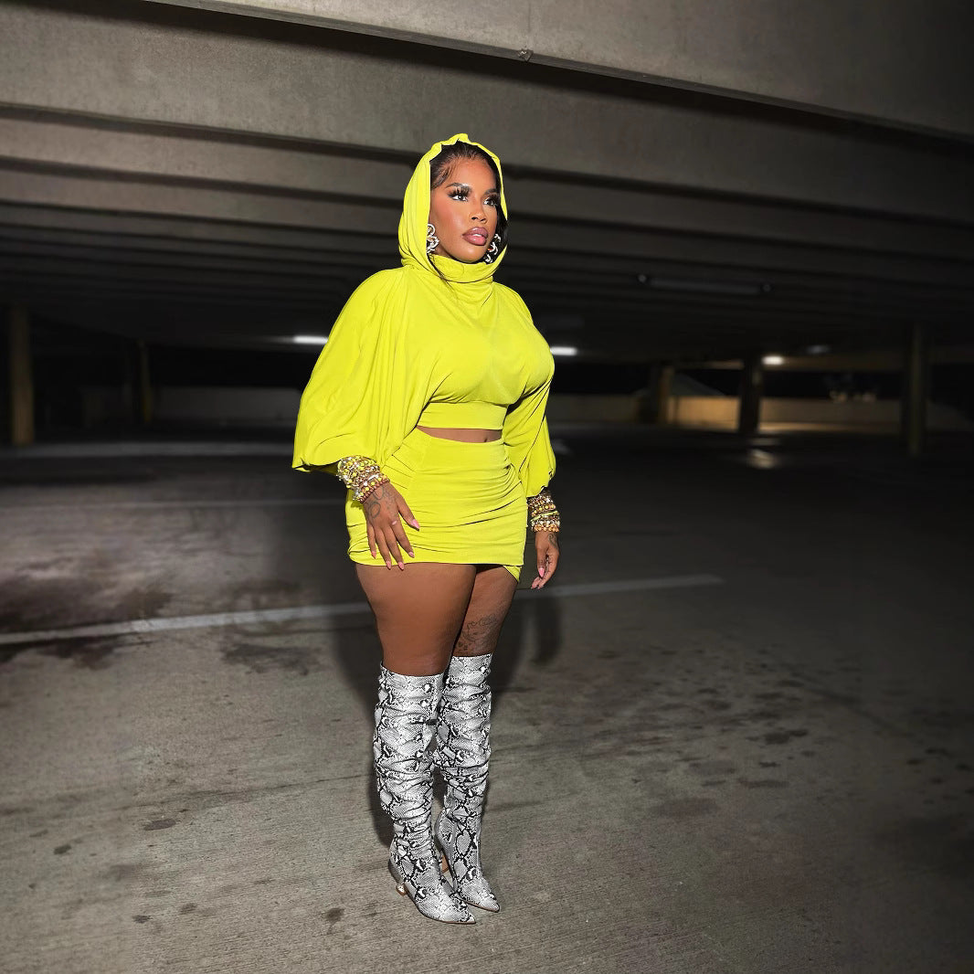 Hooded Puff Sleeve Crop Top Pleated Skirt Two Piece Set 3