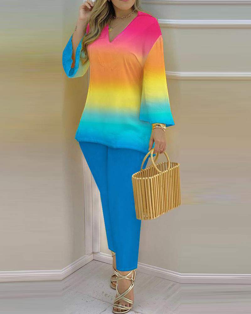 Spring Summer Print Fashion V-Neck Long Sleeve 2-Piece Pants Set 23