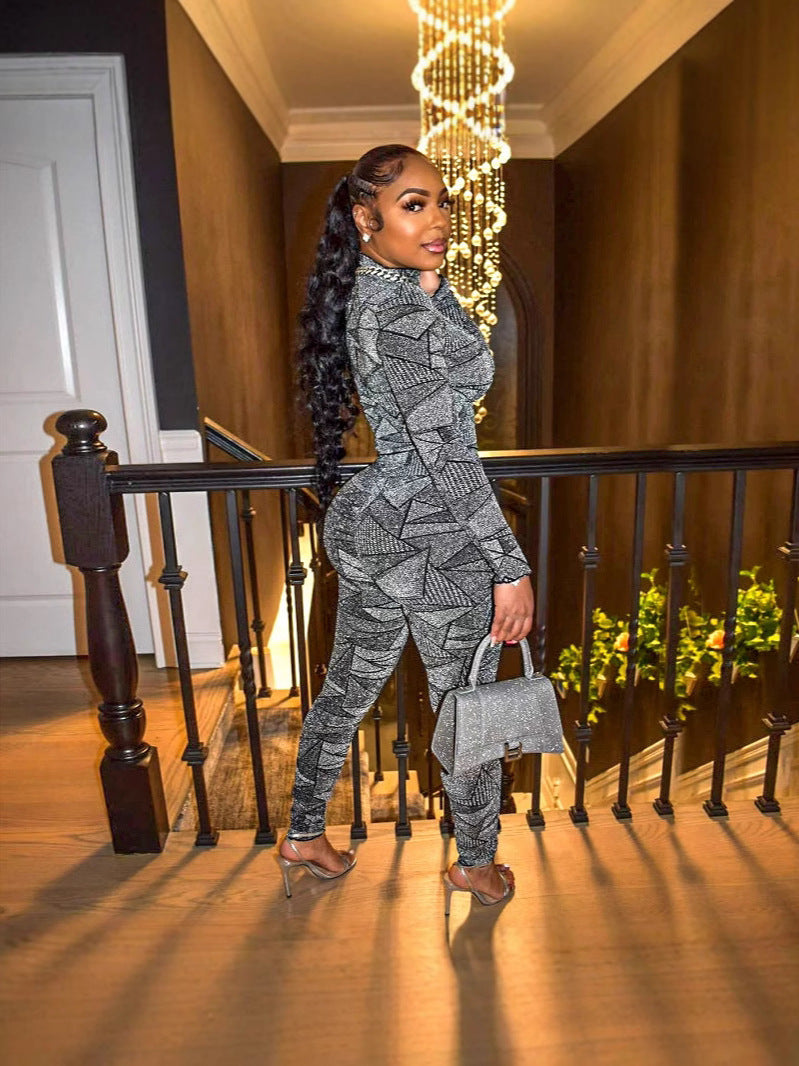 Women's Spring Autumn Fashion Jacquard Half-High Collar Pullover Silver Silk Top Trousers Two Piece Set 4