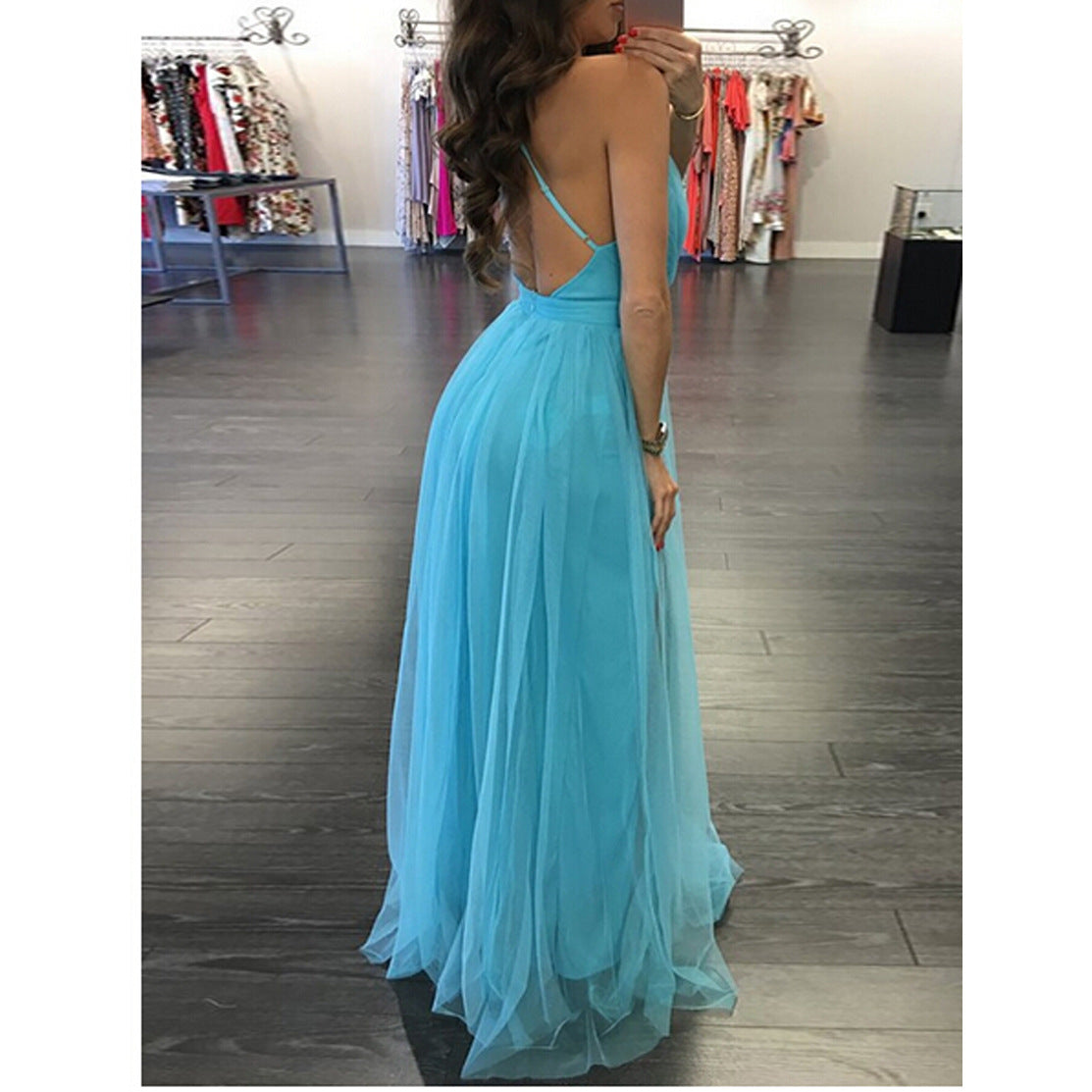 Sexy Strap V-neck Backless Mesh Evening dress 4