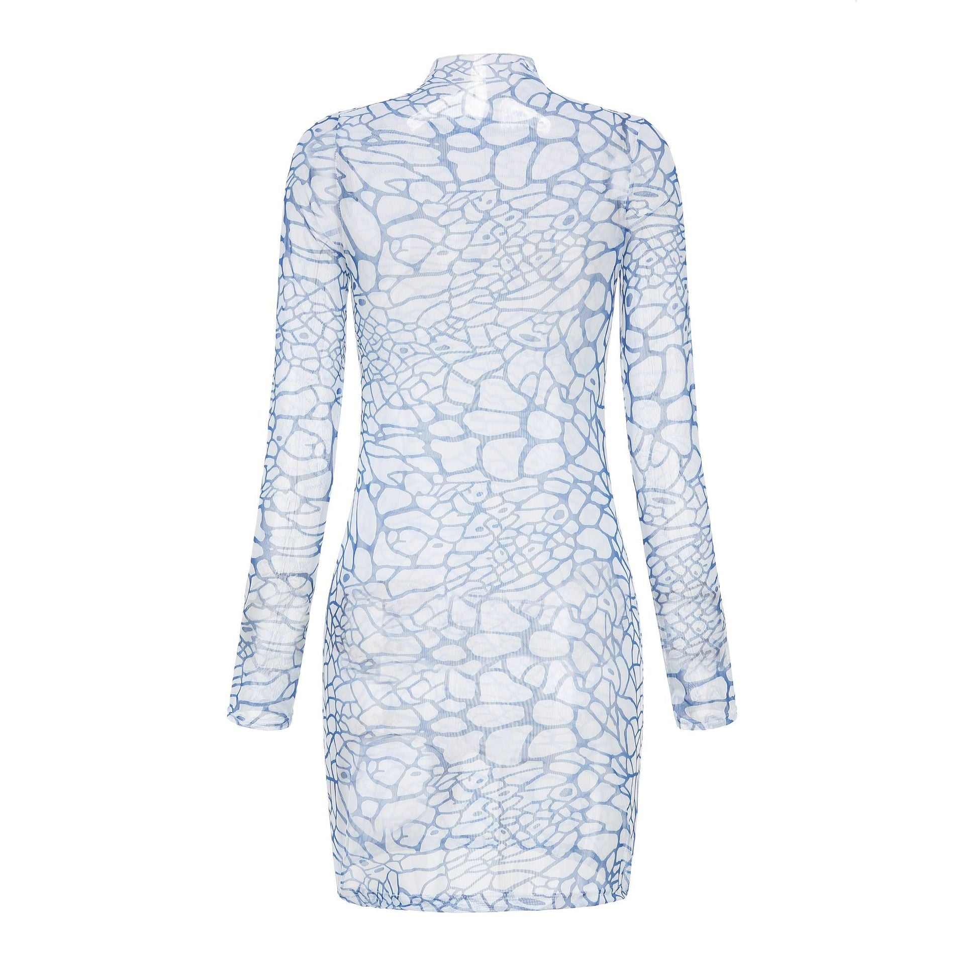 Summer See-Through Mesh Dress Women High Collar Print Long Sleeve Tight Fitting Bodycon Dress 7