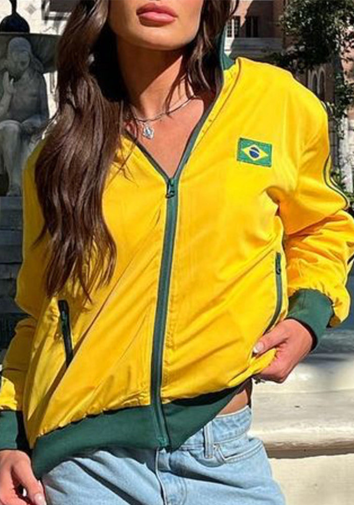 Autumn Women Long Sleeve Round Neck Casual Letter Contrast Printed Sports Jacket