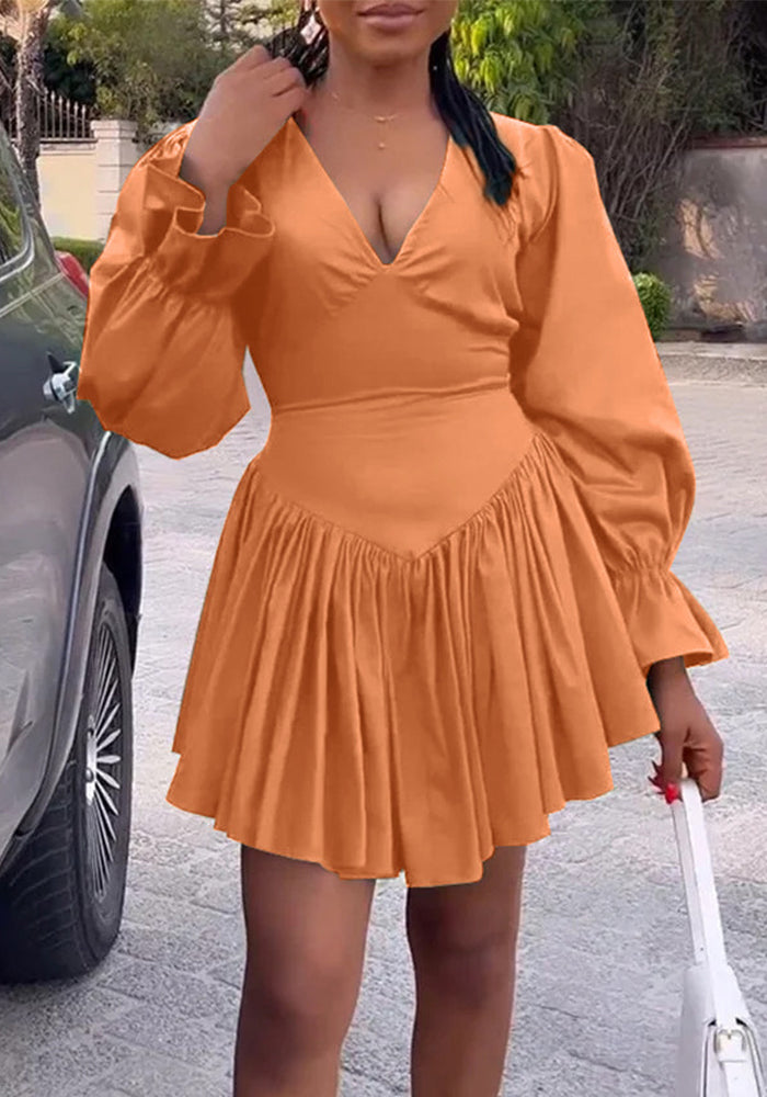 Women V-Neck Ruffle Sleeve Elegant Pleated Dress