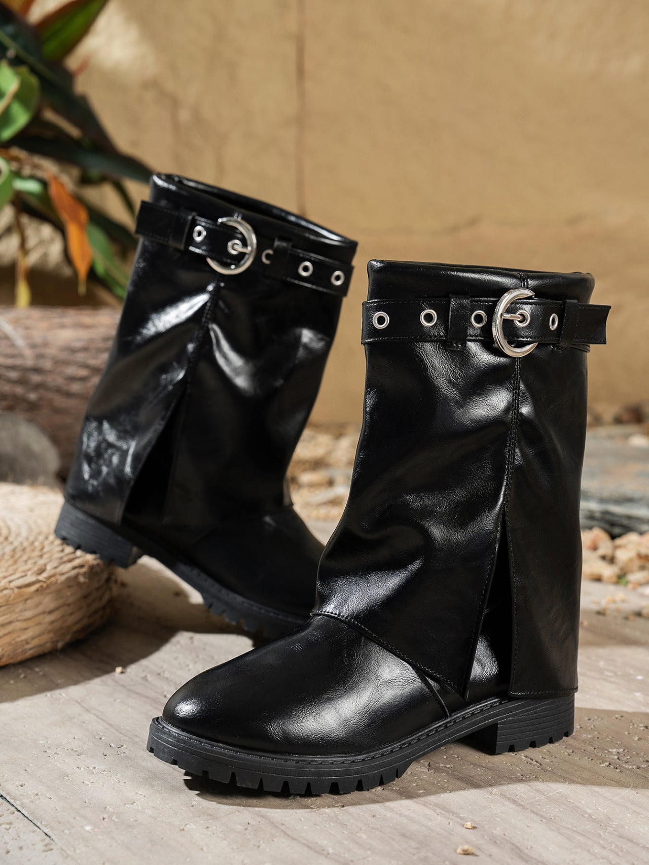 Women's Round Toe Belt Buckle Autumn Plus Size Crinkle Mid-Calf Slip-On Boots 7