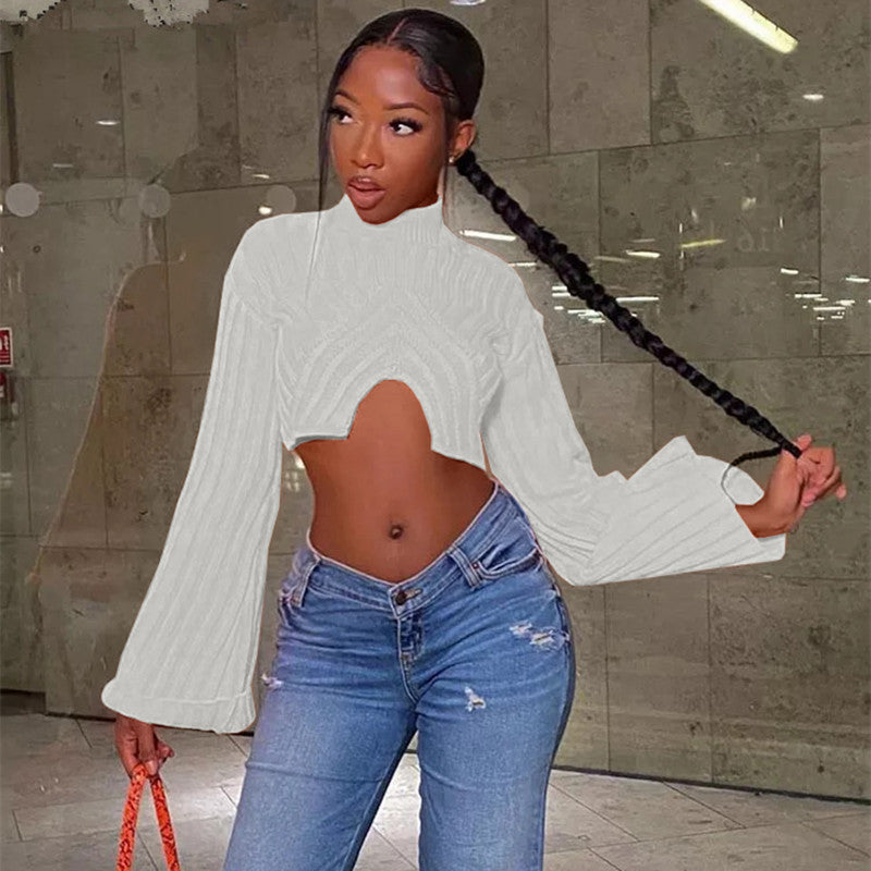 Autumn And Winter Sweater Solid Color Women Casual Long Sleeve Round Neck Classic Tight Fitting Irregular Crop Mid-Waist Women's Clothing 11