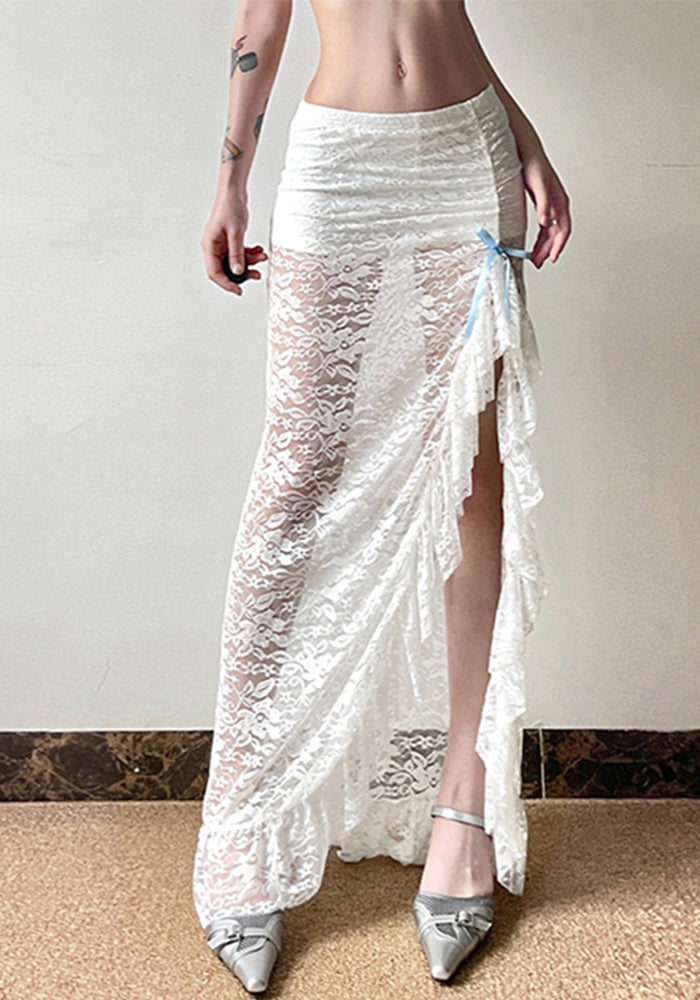 Lace Jacquard See-Through Ruffle Bow Detail Slit Skirt