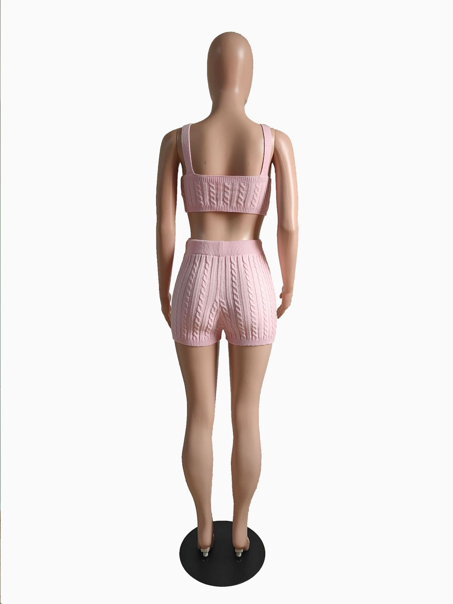 Women Spring Solid Sexy Stretch Solid Knitting Suspender Top and Shorts Two-Piece Set