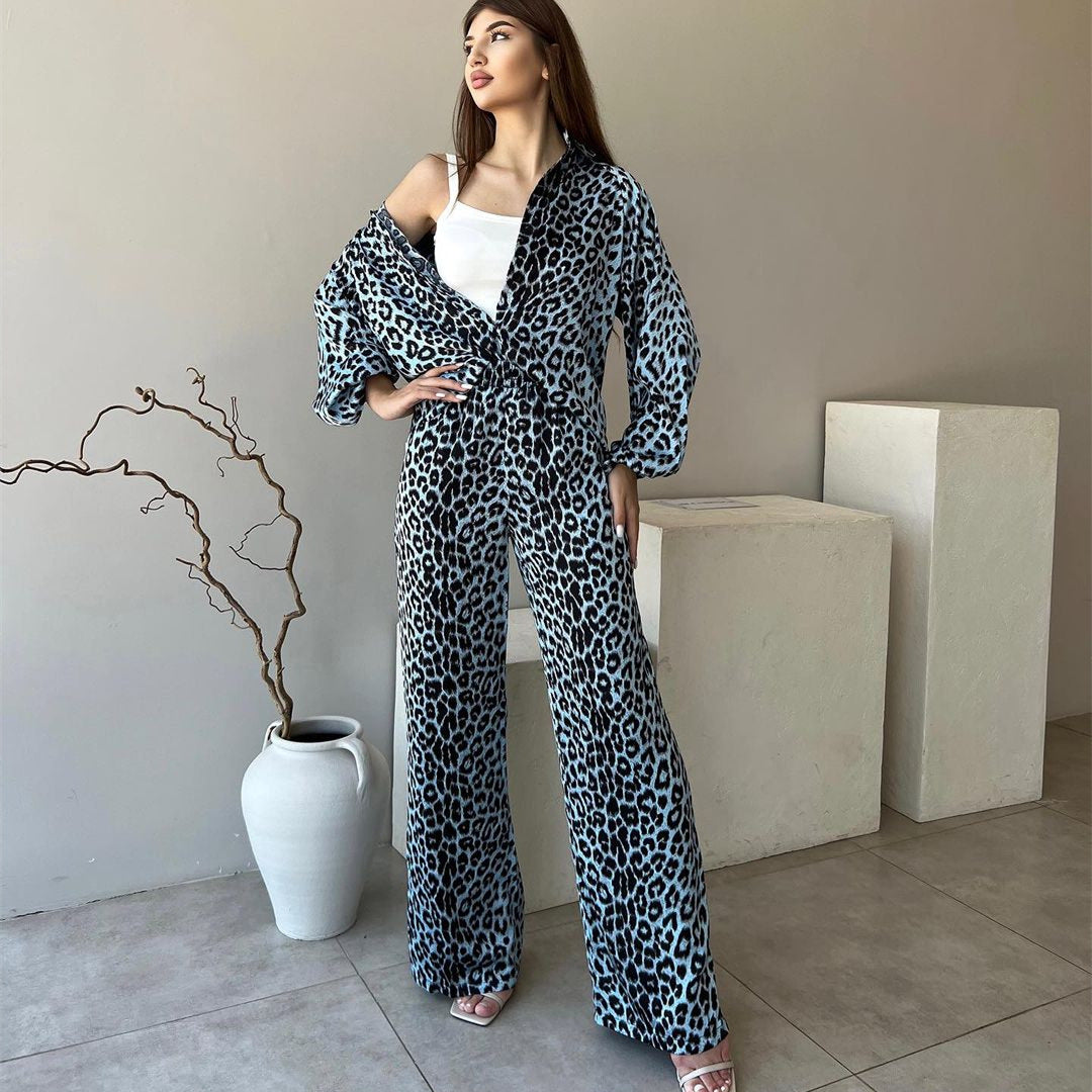 Women autumn leopard print long-sleeved shirt and Pant two-piece set 5
