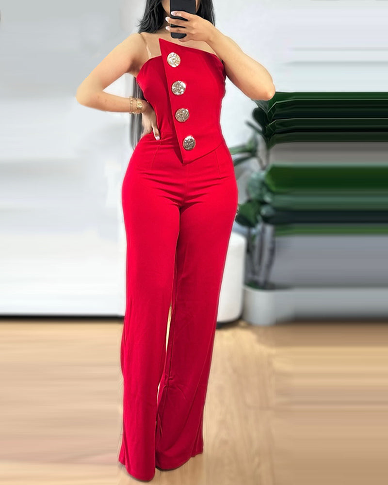Fashionable women's solid color strapless button jumpsuit