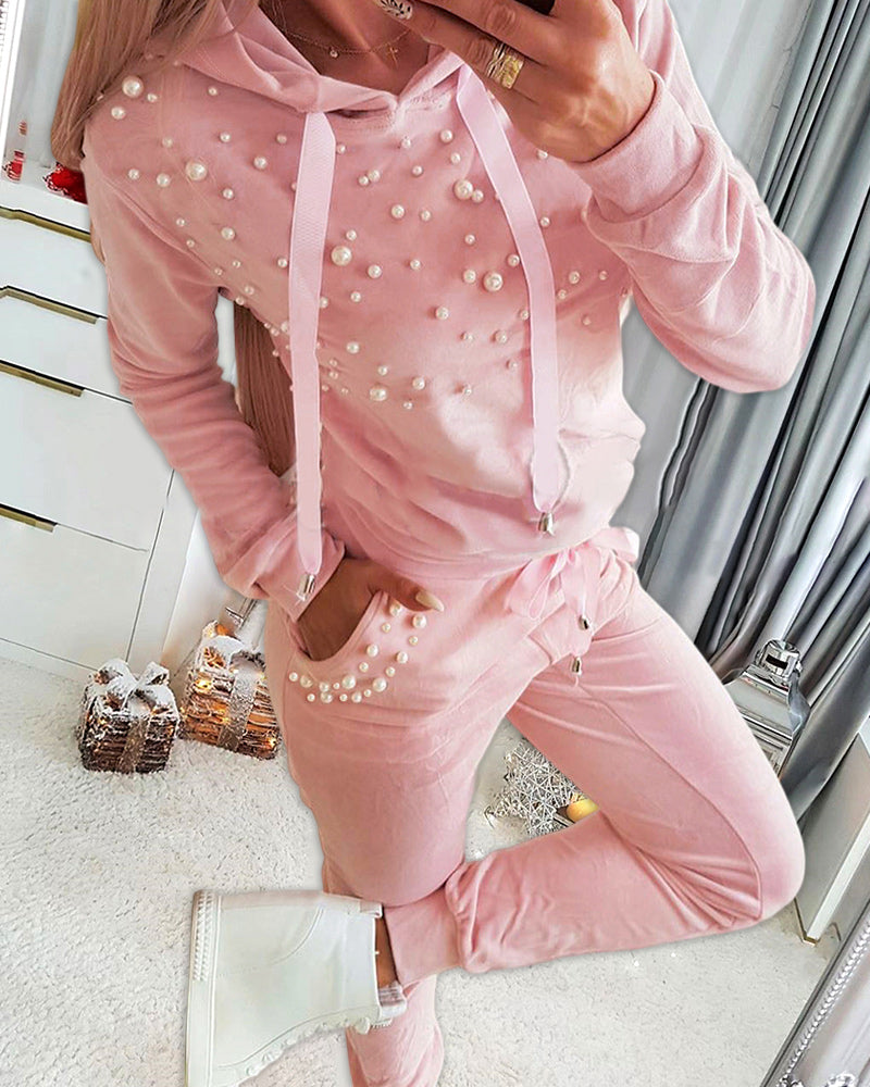Women Pink Bubble Bead Top and Pant Casual Two-Piece Set 4