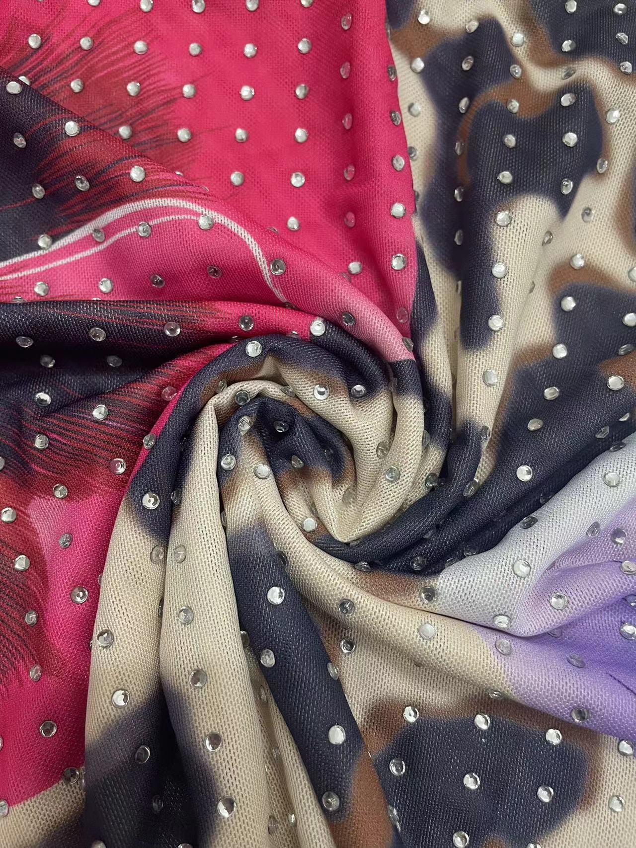 Women summer mesh rhinestone sexy print top and skirt two-piece set 10