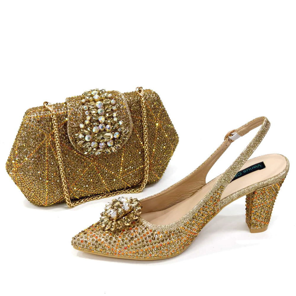 Pointed-Toe Fashion Shoe And Bag Set Combination Ladies' High-Heeled Pointed-Toe Shoes Square Handbag Hollow Sandals 6