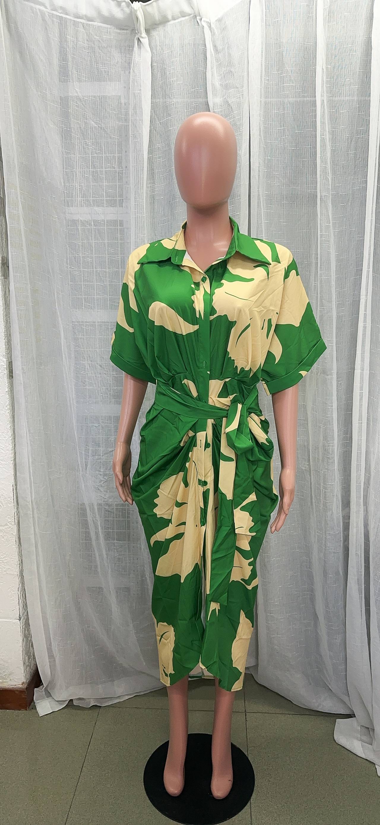 Women Printed Turndown Collar Short Sleeve Shirt Dress 13