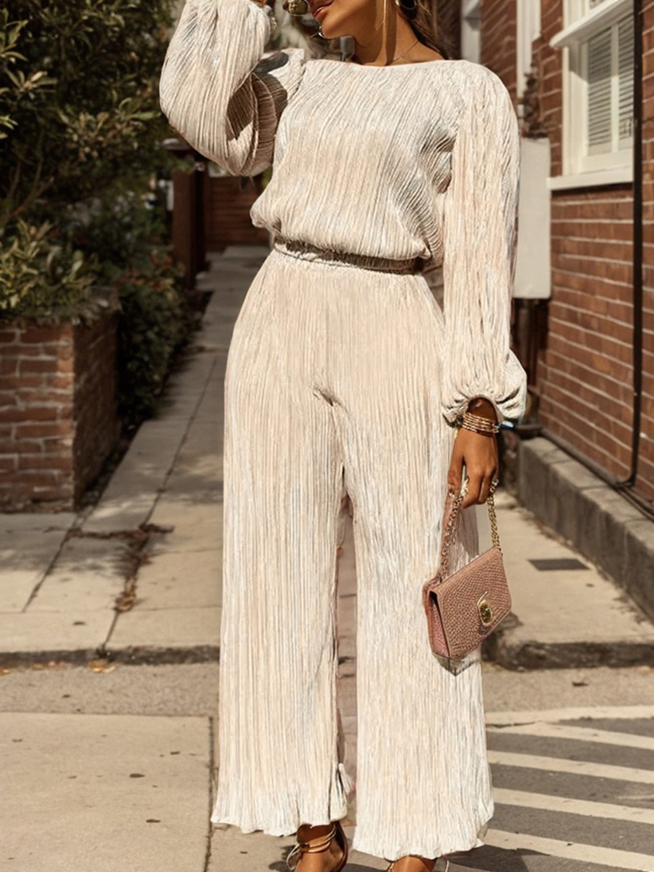 Women loose casual long-sleeved top and pleated pant two-piece set 3