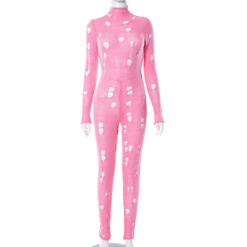 Autumn Winter Women's Fashion Ripped Slim Knitting Jumpsuit 7