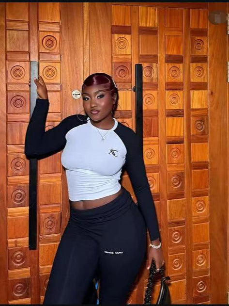 Women's Autumn Contrast Color Round Neck Slim Long Sleeve Two Piece Pants Set 11