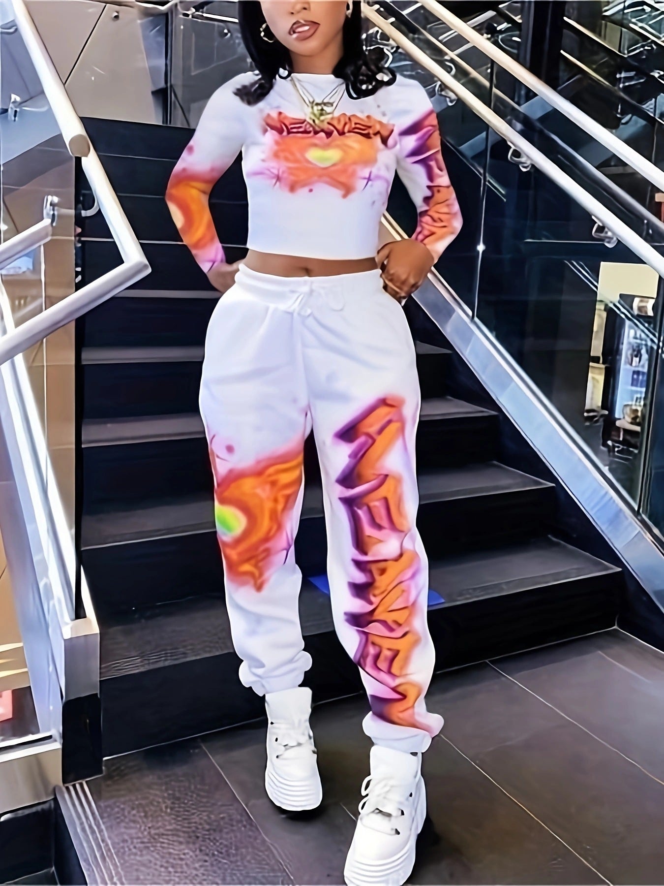 Spring Printed Fashionable Long Sleeve Two Piece Pants Set for Women 5