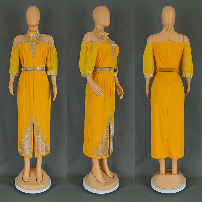 African Plus-Size Elegant Chic Beaded Patchwork Slit Bodycon Dress 14