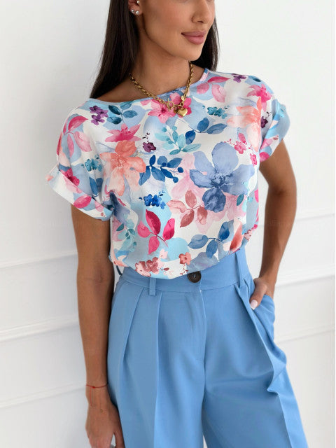 Women Summer Printed Round Neck Loose Shirt 4